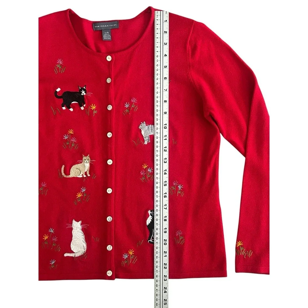 Vintage Northern Isles‎ Cardigan Sweater Red Embroidered Cats Whimsy Large